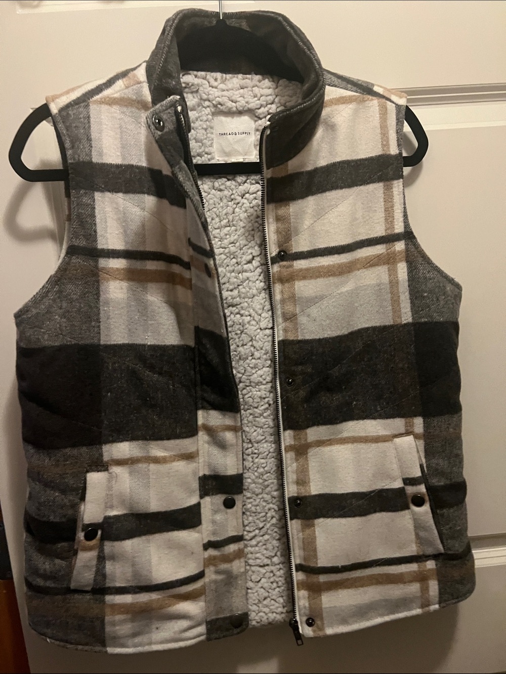 Thread & Supply Plaid Sherpa-Lined Vest in White, Gray & Brown
